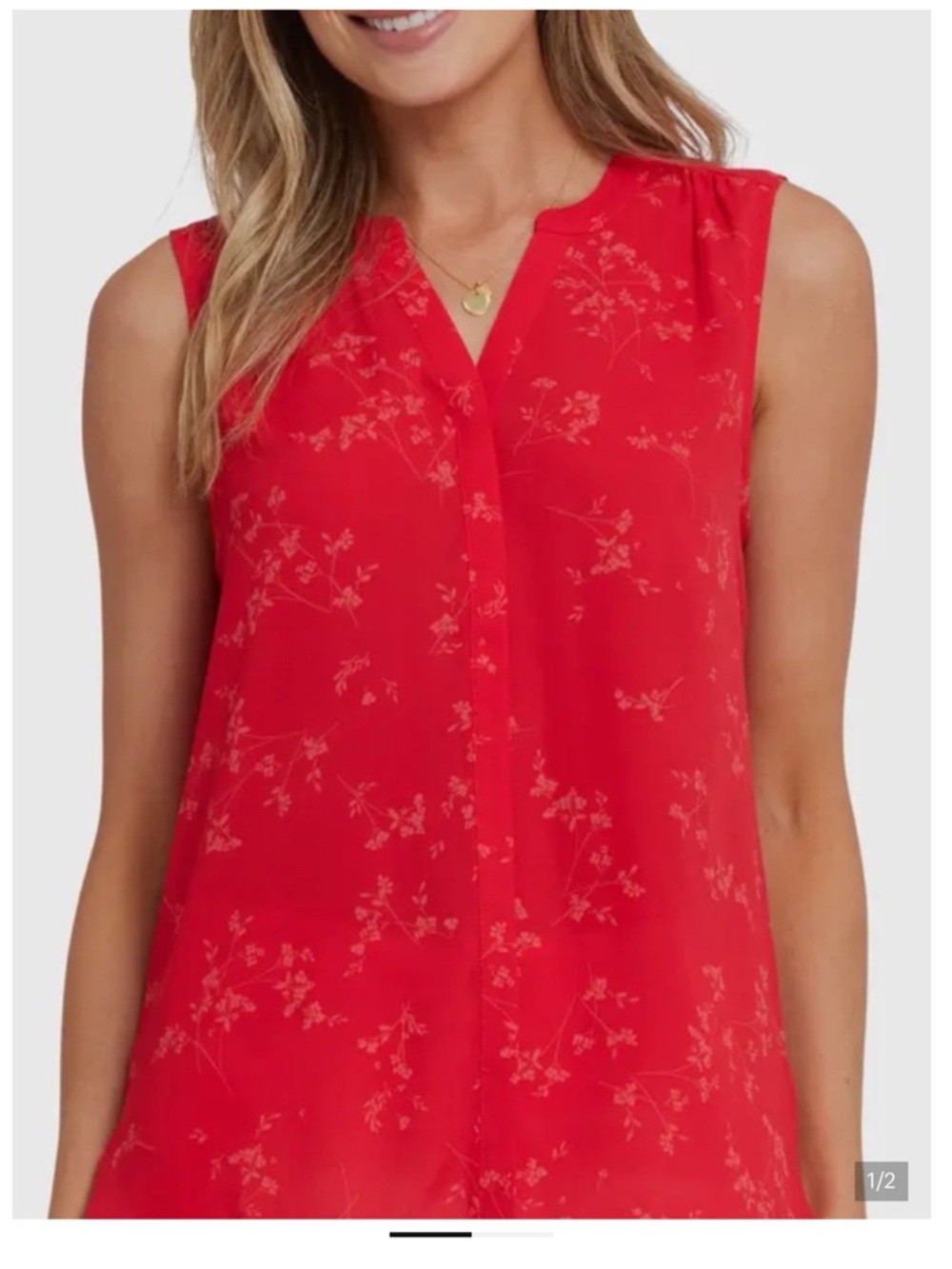NWT NYDJ Red Floral Sleeveless Split V-Neck Back Pintuck Blouse
